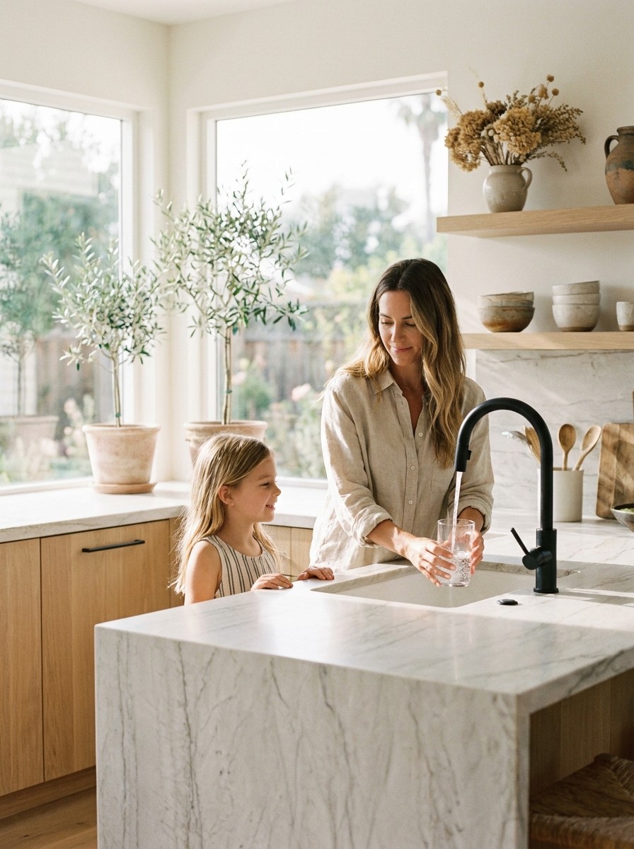 A mother and daughter filling a glass with clean water in a bright, modern coastal-California kitchen